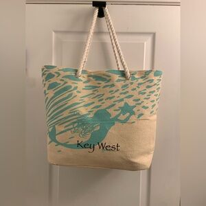 Key West Canvas Tote Bag in Teal and Cream